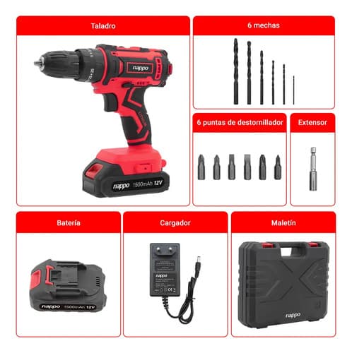 Taladro De Impacto Inalámbrico Nappo, Maletín Accesorios Rojo