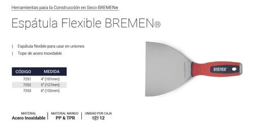 Espátula Flexible De Acero Inoxidable Para Construcción En Seco 4p Bremen