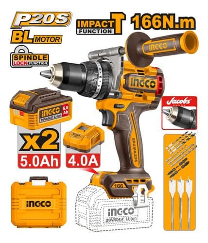 Taladro Percutor 166nm 20v Ingco + 2 Bat 5.0ah + Cargvalija Naranja Claro