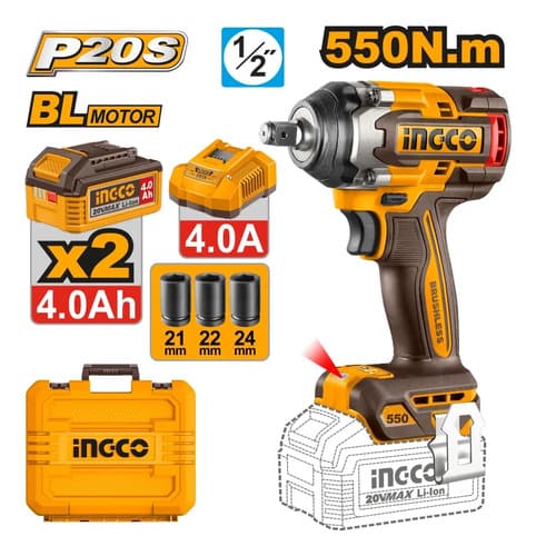 Llave Impacto 550nm 20v + 2 Bat 4.0ah + 3 Dados Ingco Naranja Claro 20v