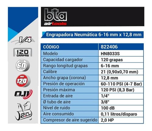 Engrampadora Neumatica Bta 80 12,8mm De 6 A 16mm 822406