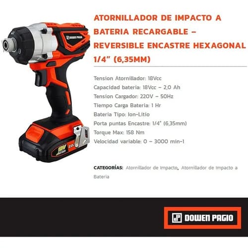Llave De Impacto Inalámbrico Dowen Pagio 9993161 Naranja 50 Hz