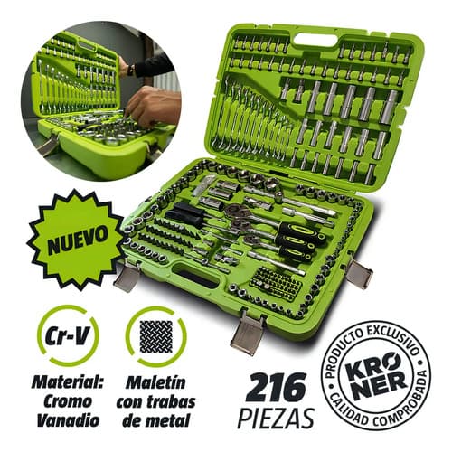 Kit Herramienta Tubos/puntas+llaves Kroner 216 Pza+gorro Color Verde Lima