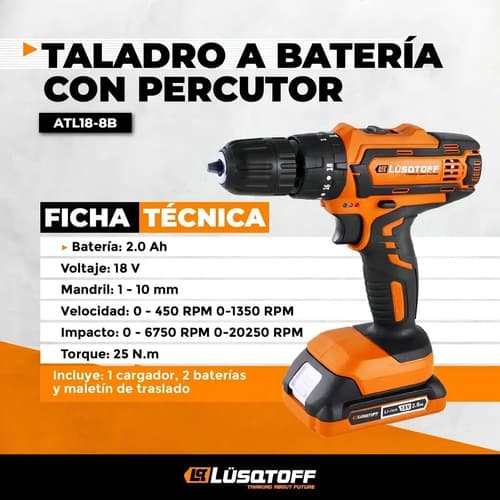 Taladro Percutor Atornillador Inalámbrico Lüsqtoff Atl18-8b 18v 2 Bat Color Naranja