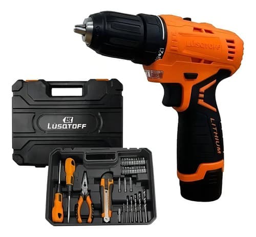 Taladro Atornillador Inalambrico Lusqtoff 2 Baterias 12v + Kit 32 Acc Naranja