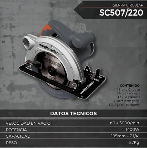 Sierra Circular Eléctrica Gladiator Sc 507 185mm 1.4kw Gris 50hz/60hz 50 Hz/60 Hz