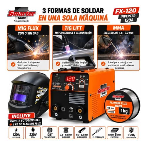 Soldadora 120a  Mig Flux Mma 3 En 1 + Careta Fotocromatica Naranja