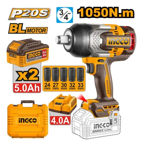 Llave De Impacto Bateria 20v 3/4 5ah Valija Ingco Ciwli20105 Amarillo 50