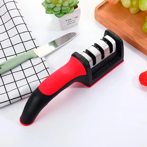 Afilador De Cuchillos Y Tijeras Con Mango Ergonómico Rojo