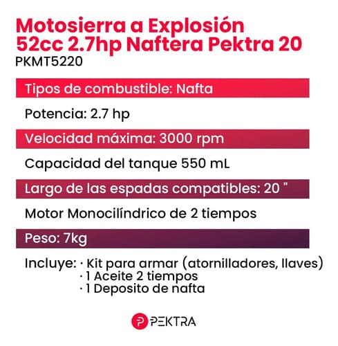 Motosierra A Nafta Pektra 52cc Pkmt5220 2.7 Hp