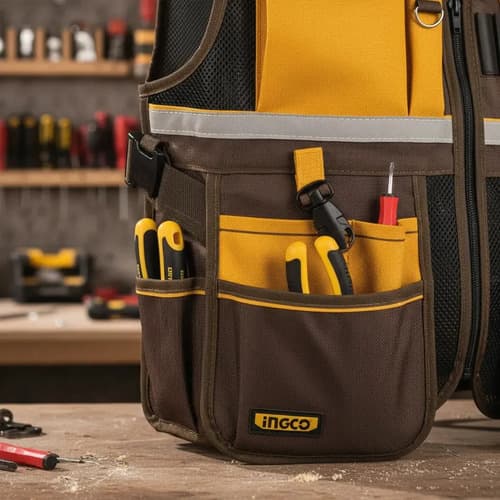 Bolso De Herramientas 20 Maletín Chaleco Cinturón Ingco Marrón Oscuro