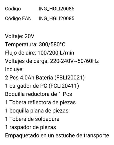 Pistola De Calor 20v 580 2 Bat 4.0ah Valija Ingco Hgli20085 Naranja Claro