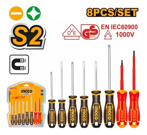 Set De 8 Piezas Destornilladores Comunes Y Aislados Ingco