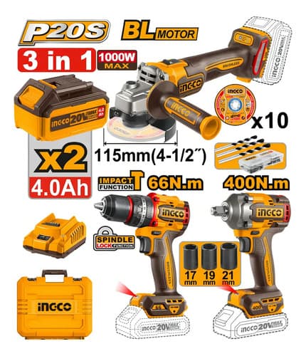 Ingco Cosli241291 Kit Combo Bateria Amoladora Taladro Llave
