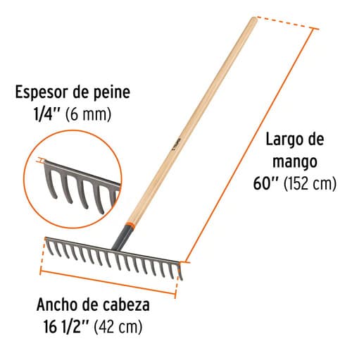 Rastrillo Recto De Jardinería 16 Dientes Mango 60'' Truper