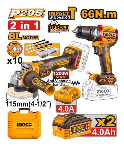 Kit 20v Amoladora + Taladro C/percutor + 2 Bat 4.0ah + Carg