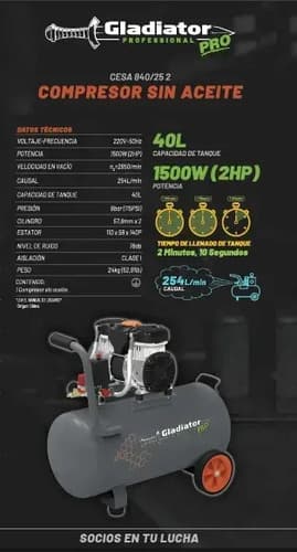 Compresor S/aceite 2hp40lts.1500w Gladiator Pro Gris