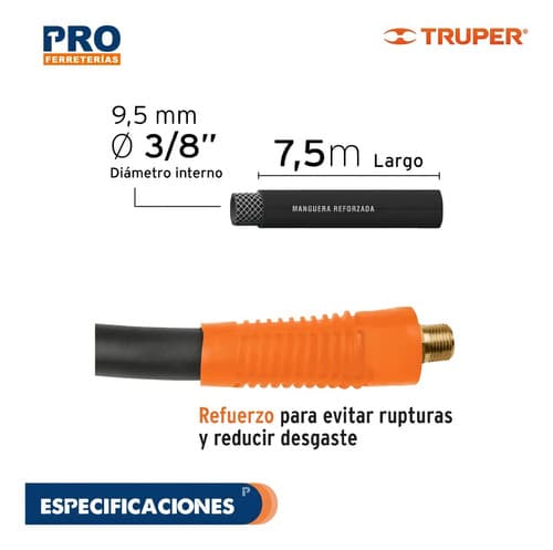 Manguera Compresor Hule 3/8'' X 7.5 Mt Alta Pre Truper 19214 Color Negro