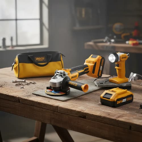 Amoladora Ingco 20v + 2 Bat 4.0ah + Car 4.0ah + Linterna 20v Naranja Claro