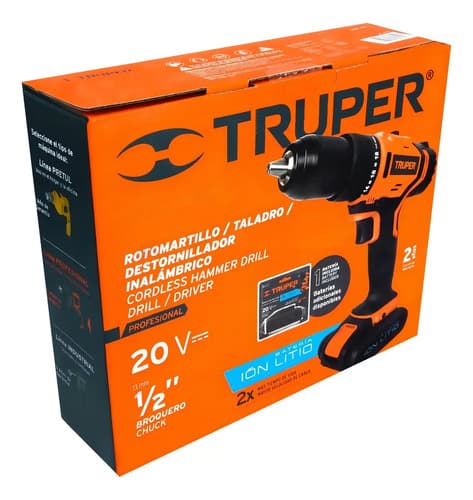 Taladro Percutor Atornillador 1/2' Truper 20v + Batería Y Cargador Naranja