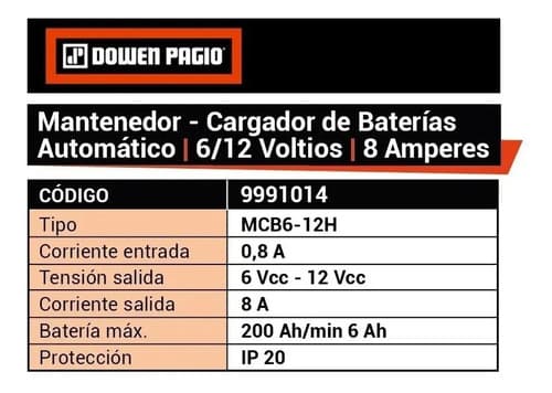 Cargador Mantenedor Bateria Dowen Pagio Automatico 6/12v 8ah