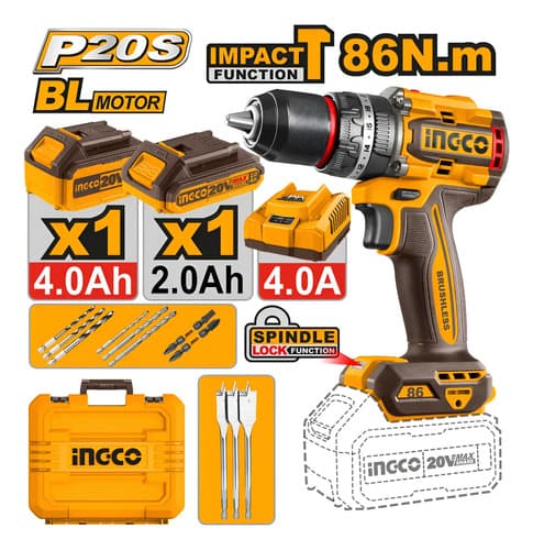 Taladro Atornillador Percutor Ingco 20v, 86mm Kit Completo Naranja Claro 20