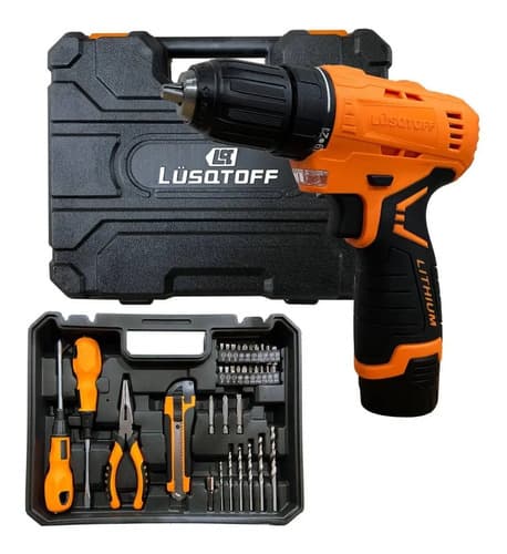 Taladro Atornillador Inalambrico Lusqtoff 2 Baterias 12v + Kit 32 Acc Naranja