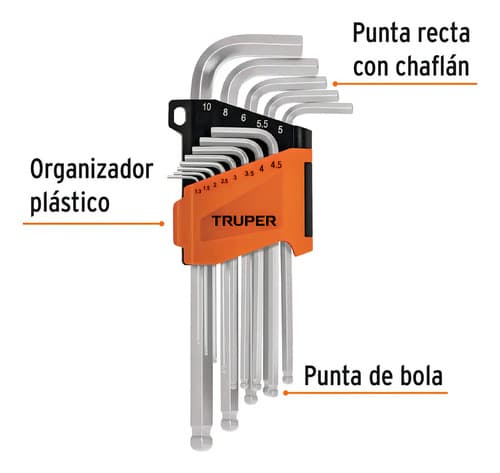 Juego 13 Llaves Bristol Extra Larga Milimetrica Truper 13646 Color Plateado