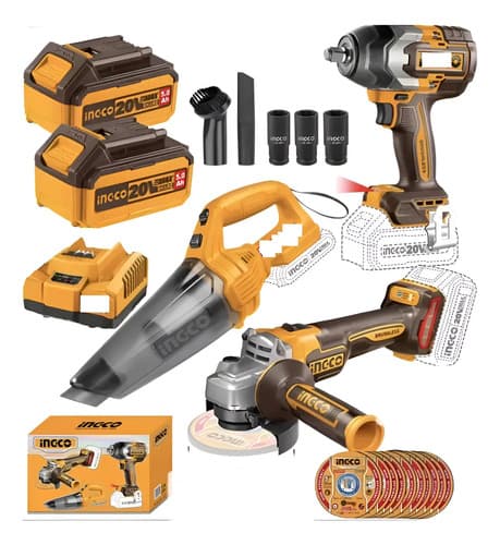 Llave De Impacto 20v 850nm +amoladora 4 1/2 + Aspirad Ingco Amarillo