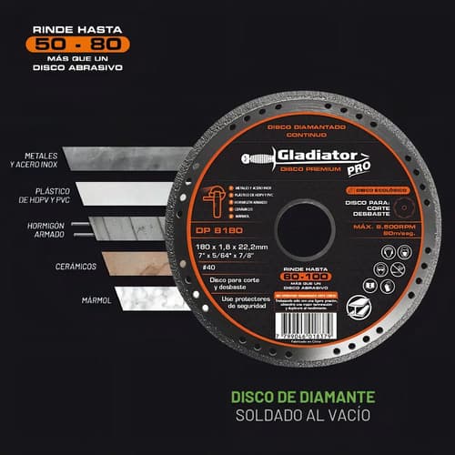 Disco Diamantado De Corte Gladiator Pro Para Metal Y Cerámicos 180 Mm