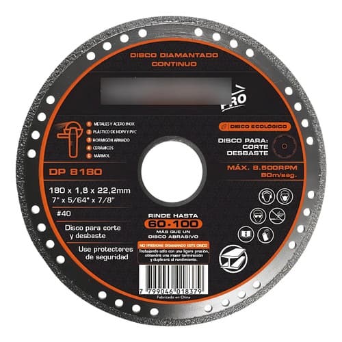 Disco Diamantado De Corte Gladiator Pro Para Metal Y Cerámicos 180 Mm