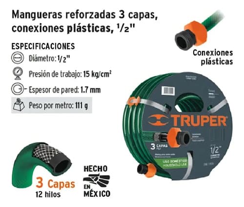 Manguera Jardin Reforzada Conexiones Plásticas 10 Mts Truper Verde