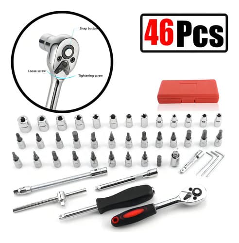 Set Dados Maradodiez 46 Piezas Acero Cromo Vanadio Con Llave Carraca Rojo