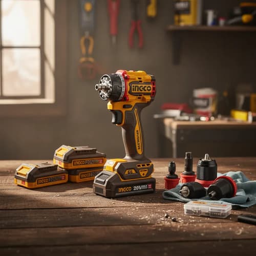 Taladro Multicabezal 4 En 1  20v 2 Bat 2.0ah  + Valija Ingco Naranja Claro 20v