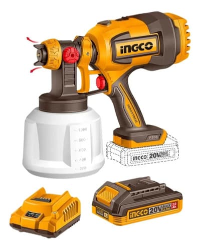 Pistola Para Pintar Inalámbrica Ingco 20v Con Batería Y Cargador, Kit Completo De 1 L Naranja Claro