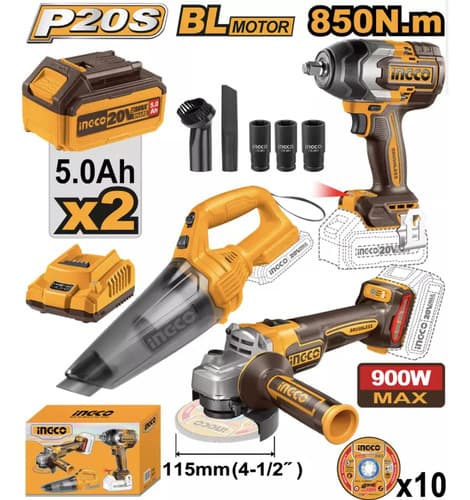 Llave De Impacto 20v 850nm +amoladora 4 1/2  + Aspirad Ingco Amarillo