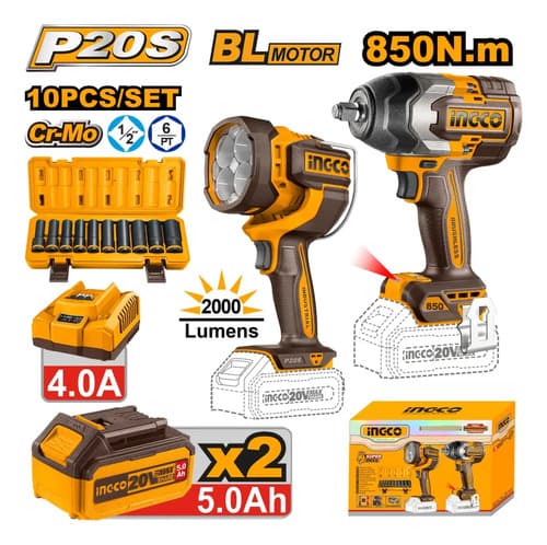 Kit Llave Impacto P20s 20v C/linterna Y Kit Dados Ingco Naranja