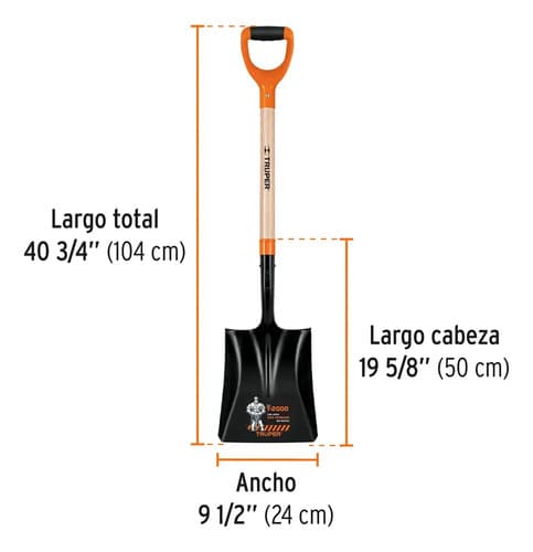 Pala Cuadrada Ultra Resistente Truper Para Construcción Con Mango De Madera De 54 Cm Naranja