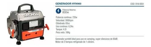 Generador Portátil Hyundai Hyh960a 800w Con Tecnología Avr