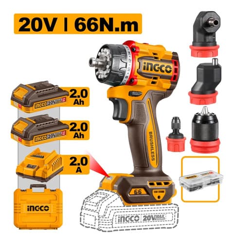 Taladro Multicabezal 4 En 1 20v 2 Bat 2.0ah + Valija Ingco Naranja Claro 20v