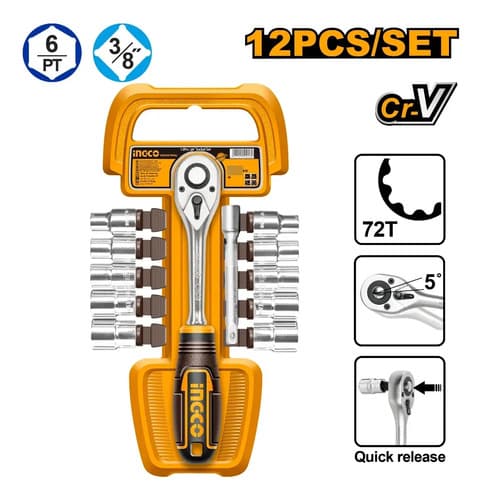 Set 12pcs Crique + Dados Cr-v 3/8 Ingco Hkts38122 Color Amarillo
