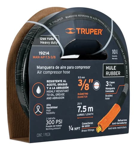 Manguera Para Compresor De Aire Truper Man Ap-15-3/8 7.5m De Largo X 9.5mm De Diámetro Color Negro