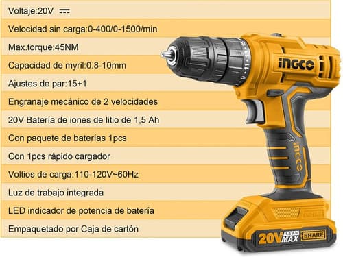 Atornillador Ingco 20v, Bateria 1.5ah, Cargador Amarillo
