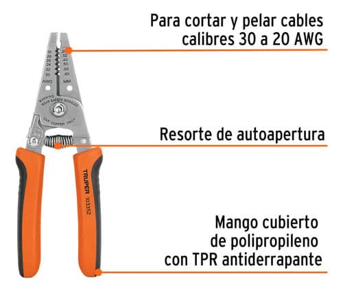 Pinza 6 Pela Cables, 30 A 20 Awg, Truper 103352