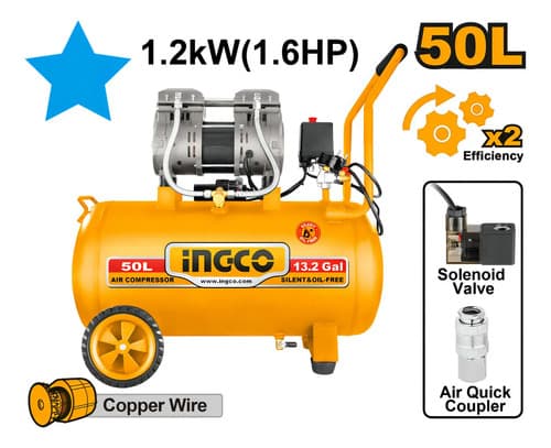 Compresor 50lt 1.6hp Libre Aceite Bajo Ruido Acs112501 Ingco Amarillo 50hz/60hz Bifásica