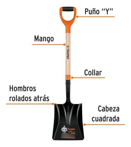 Pala Cuadrada Ultra Resistente Truper Para Construcción Con Mango De Madera De 54 Cm Naranja