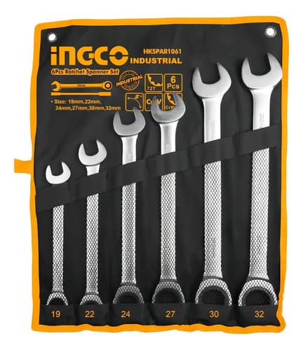 Juego De Llaves Combinadas 6 Pc Ingco 19 A 32 Mm Con Criquet Plateado