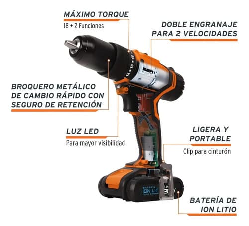 Taladro Percutor Atornillador 1/2' Truper 20v + Batería Y Cargador Naranja