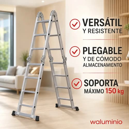 Escalera Multipropósito Aluminio Plegable 4.5m 16 Peldaños 150kg Waluminio Plateado