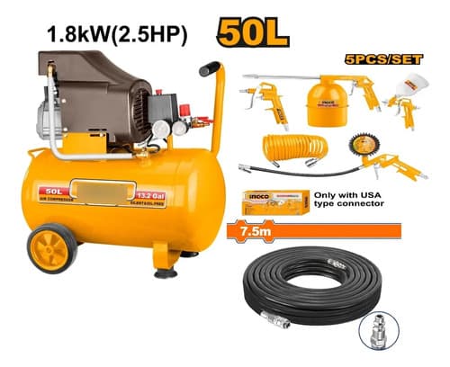 Compresor De Aire 50 Litros 3 Hp, Regulador De Presion + Kit Amarillo 220v Monofásica